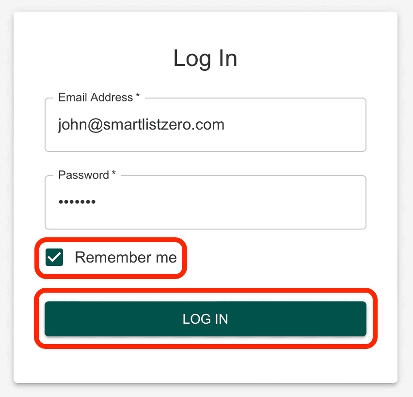 Smart List Zero log in page