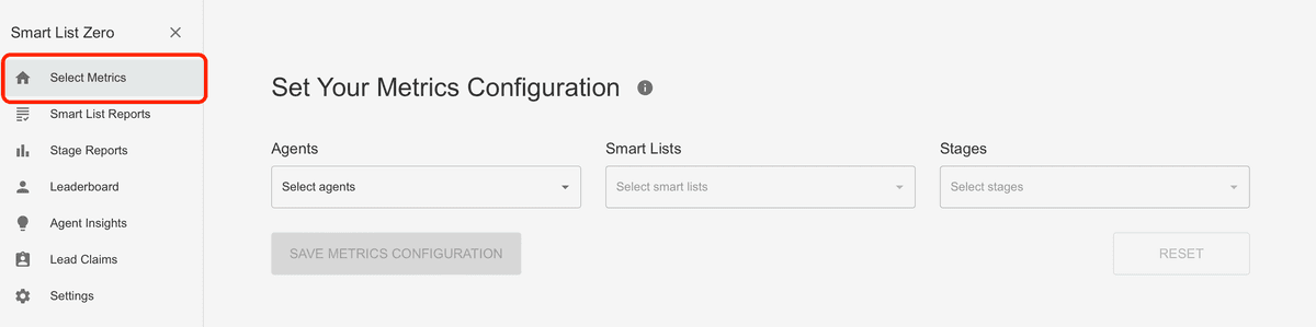 Smart List Zero metrics menu