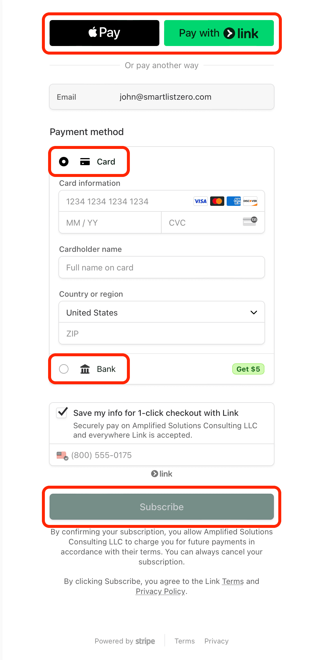 Smart List Zero payment page